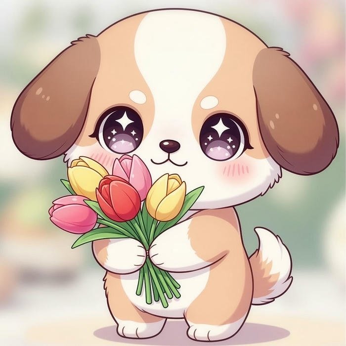 Ảnh chibi con chó ôm hoa