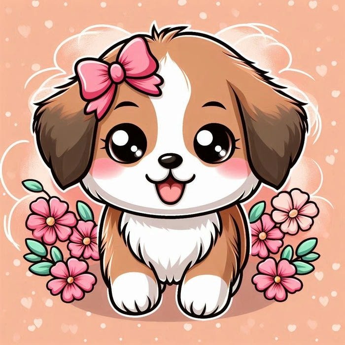 Ảnh hoạt hình con chó chibi giữa vườn hoa