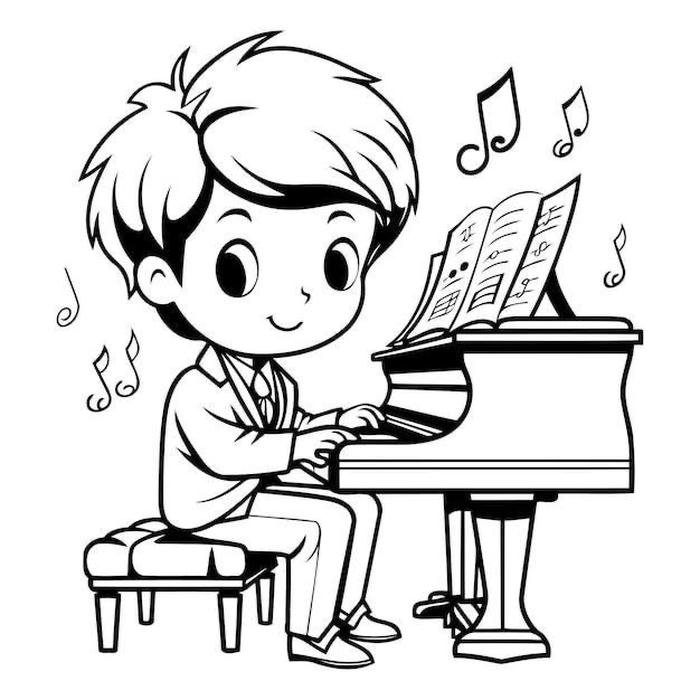 Ảnh tranh tô màu đàn piano và cậu bé.