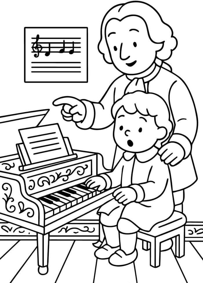 Bức ảnh tranh tô màu đàn piano phòng học.