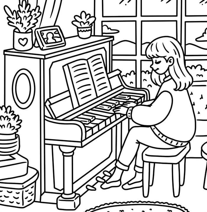 Bức tranh tô màu đàn piano hiện đại và cô gái