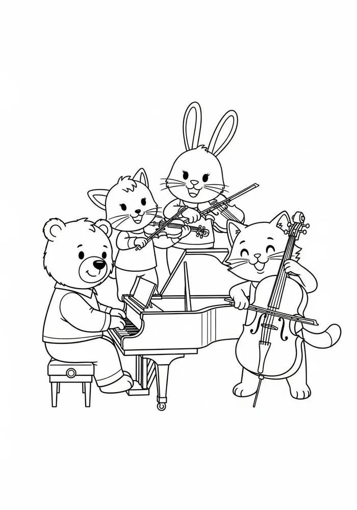 Bức tranh tô màu đàn piano thỏ và gấu
