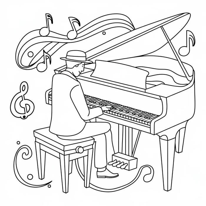 Bức tranh tô màu đàn piano và người nghệ sĩ.