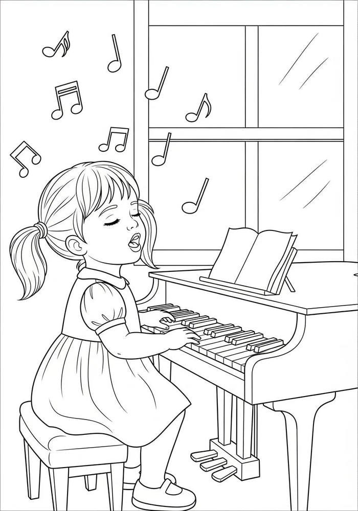 Bức tranh tô màu tập piano bên cửa sổ.