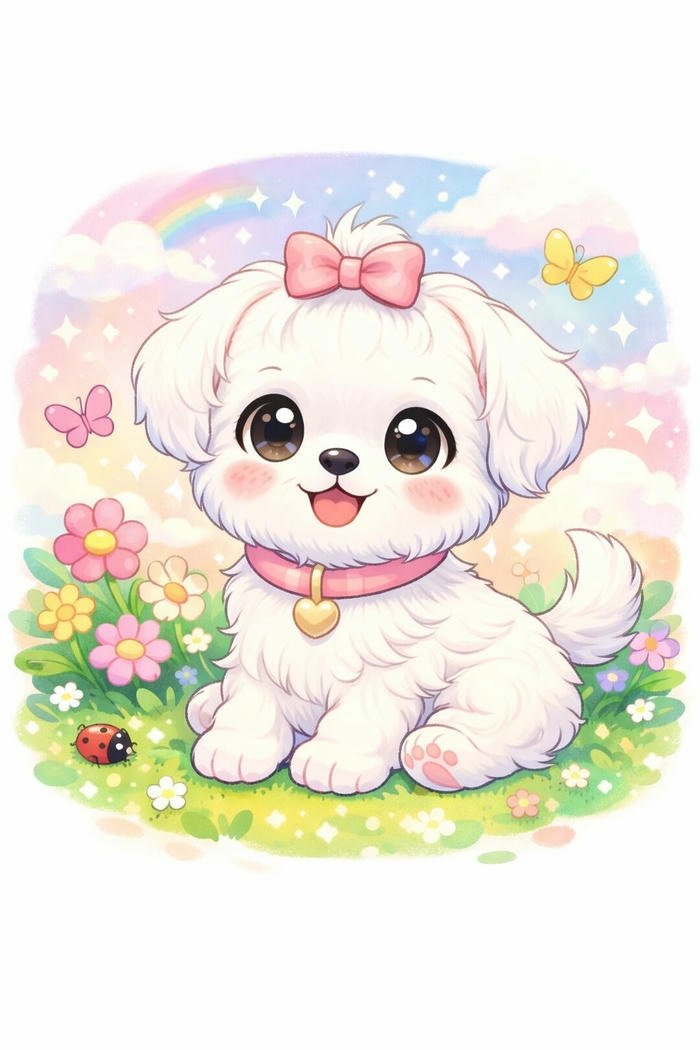 Chibi con chó trắng ngồi đeo nơ hồng