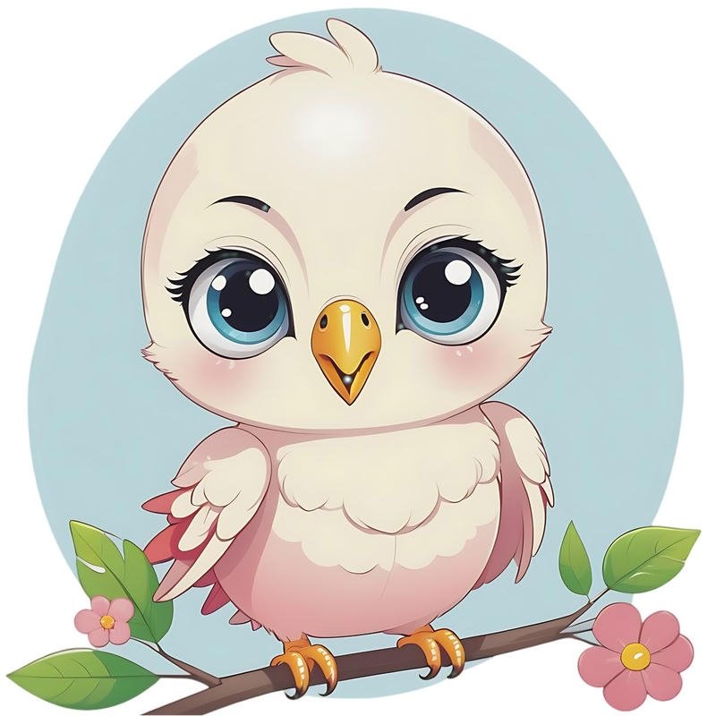 Chú chim chibi nhìn thẳng với ánh mắt ngây thơ