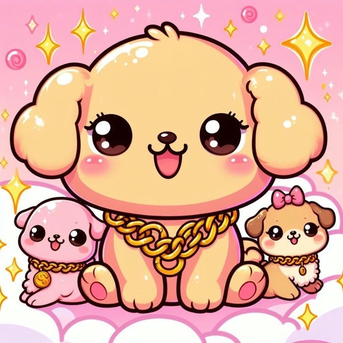 Con chó chibi ngồi ngoan đeo vòng vàng