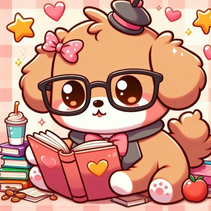Con chó chibi ngồi ngoan đọc sách