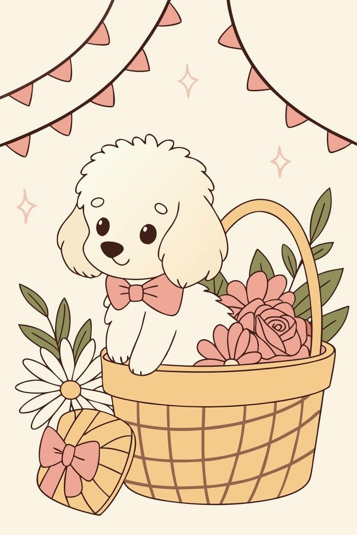 Hình ảnh con chó chibi nhìn yêu trong giỏ hoa