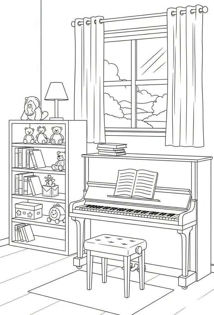 Hình ảnh tranh tô màu đàn piano bên cửa sổ