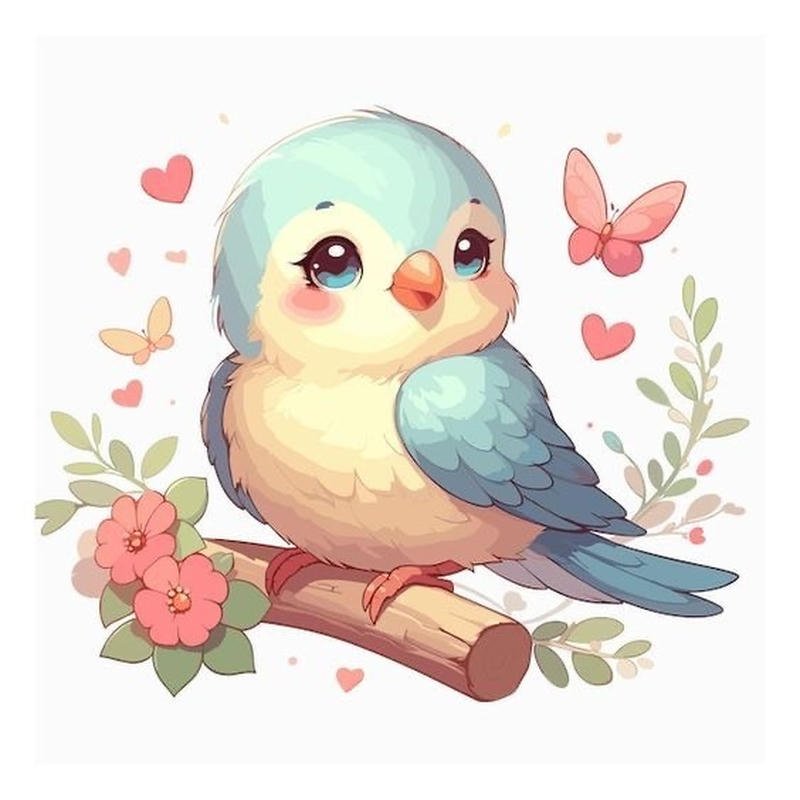 Hình chim chibi nhỏ đứng trên cành cây tự nhiên