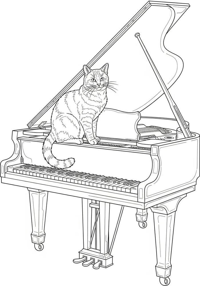 Hình tô màu chú mèo nhỏ và piano.