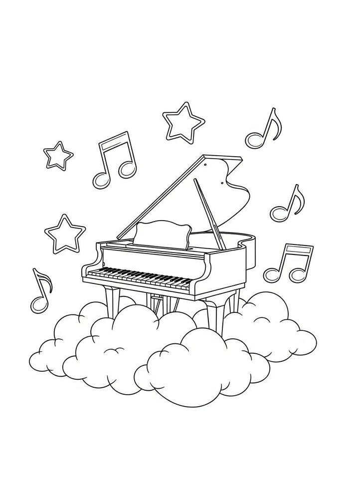Hình tô màu đàn piano và những ngôi sao sáng.