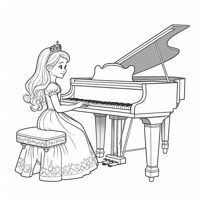 Hình tranh tô màu đàn piano cùng công chúa