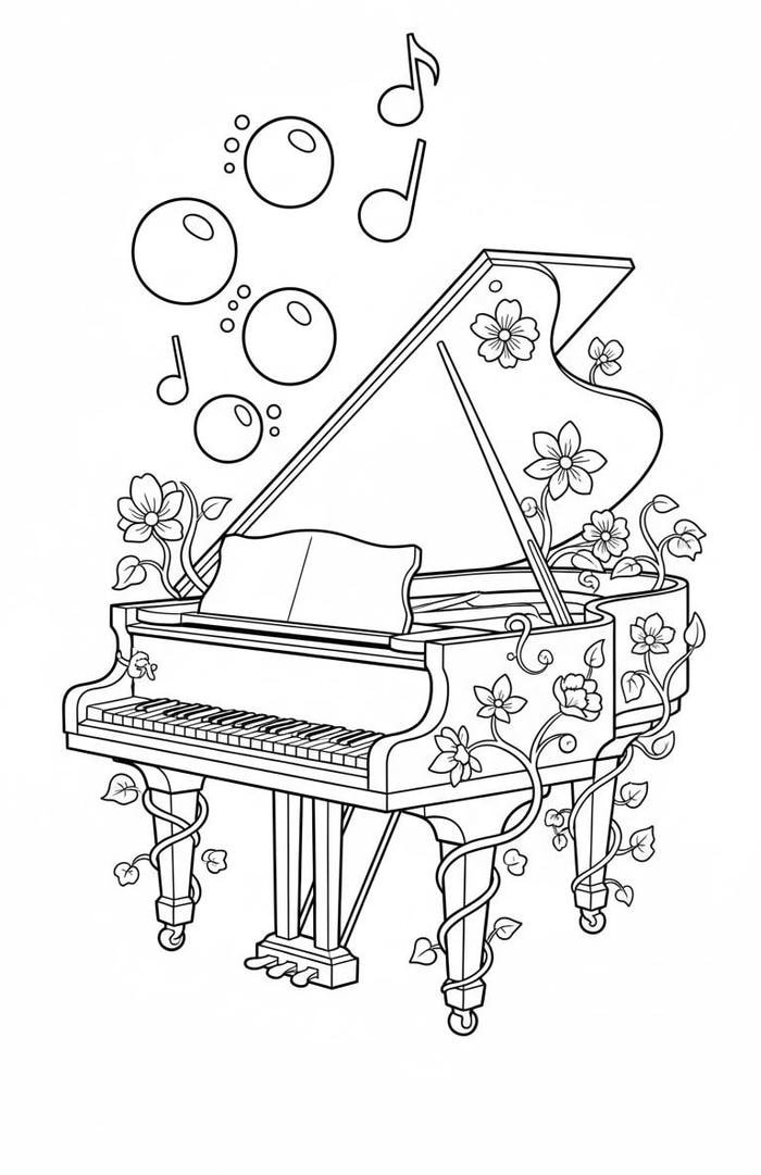 Hình tranh tô màu piano sang trọng cùng hoa.