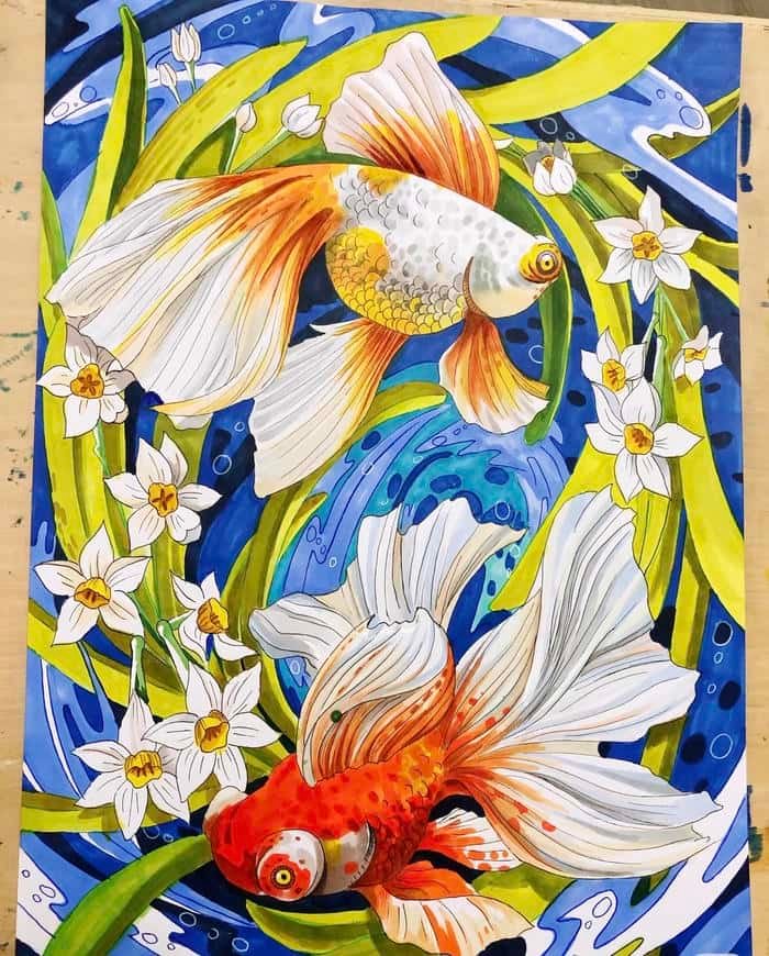 Hình tranh vẽ con cá giữa không gian nước mênh mông
