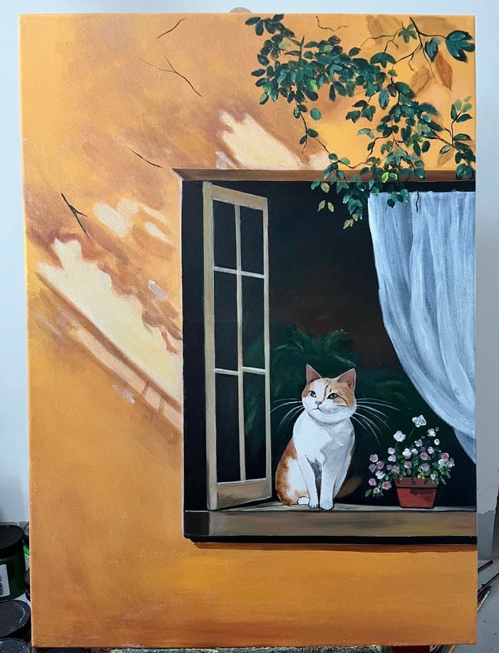 Hình tranh vẽ con mèo thể hiện vẻ hiền lành dễ mến