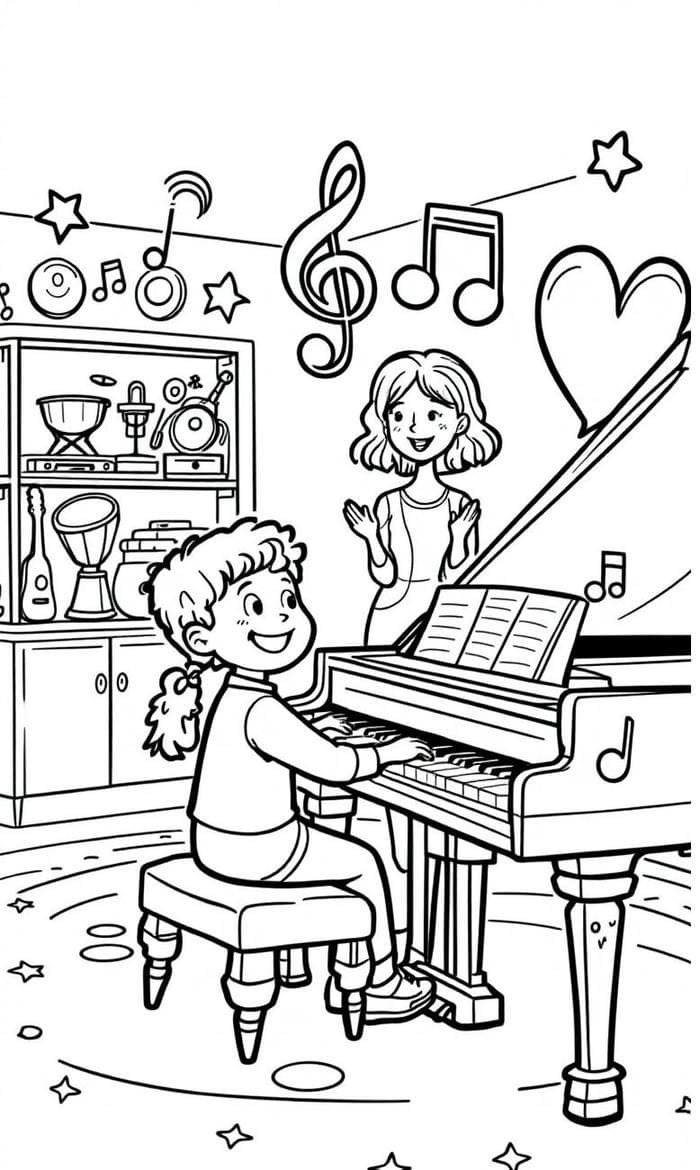 Tranh bé gái vui vẻ đánh từng nốt đàn piano.