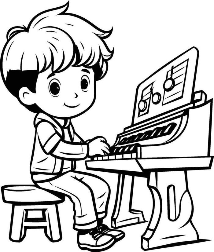 Tranh tô màu bé bên ghế tập piano.