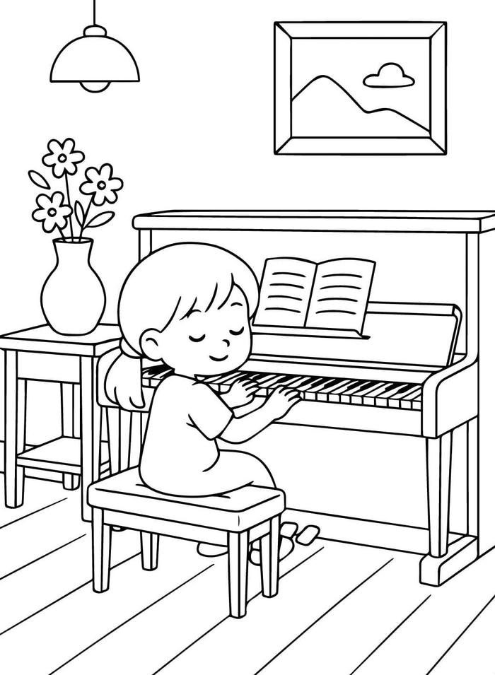 Tranh tô màu bé đánh đàn piano.