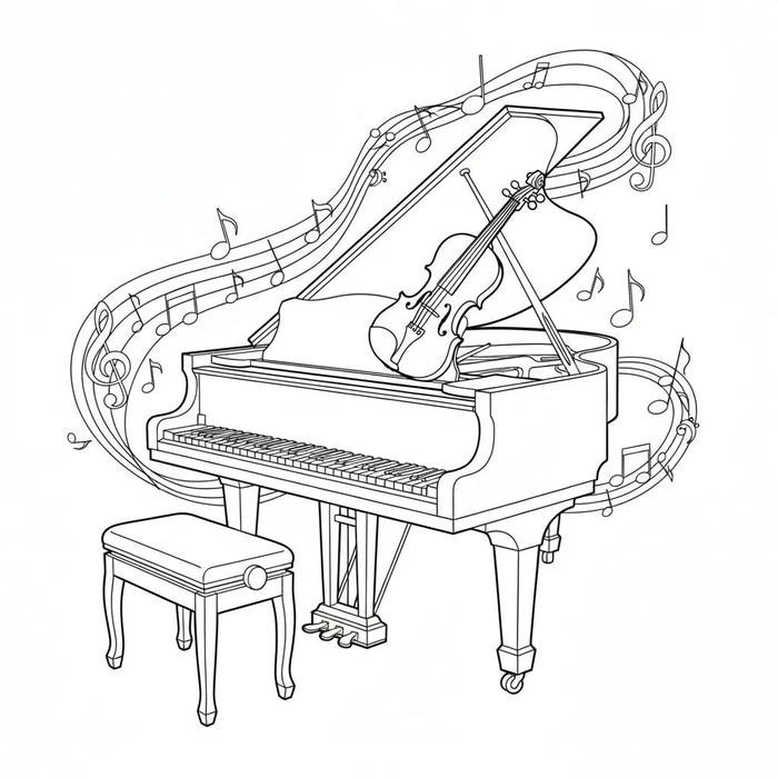 Tranh tô màu bộ đàn piano sang trọng.