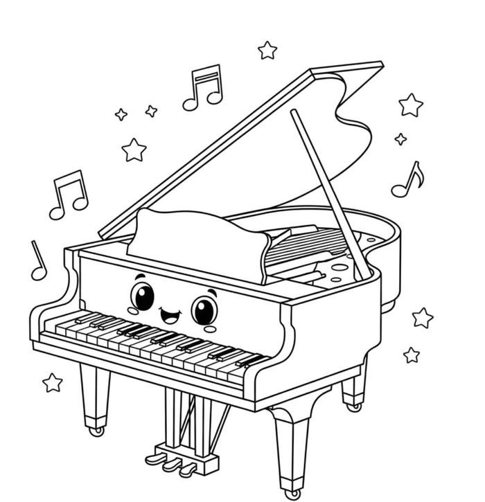Tranh tô màu cây đàn piano hoạt hình đáng yêu.