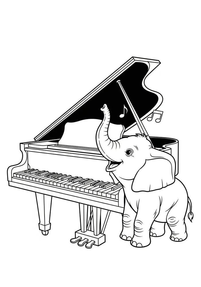 Tranh tô màu chú voi nhỏ và piano.