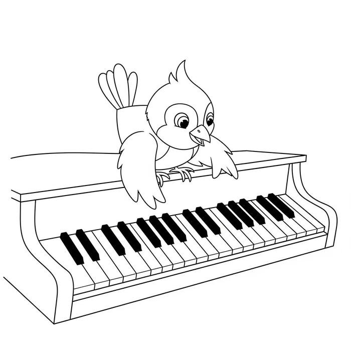Tranh tô màu đàn piano bên chú chim nhỏ