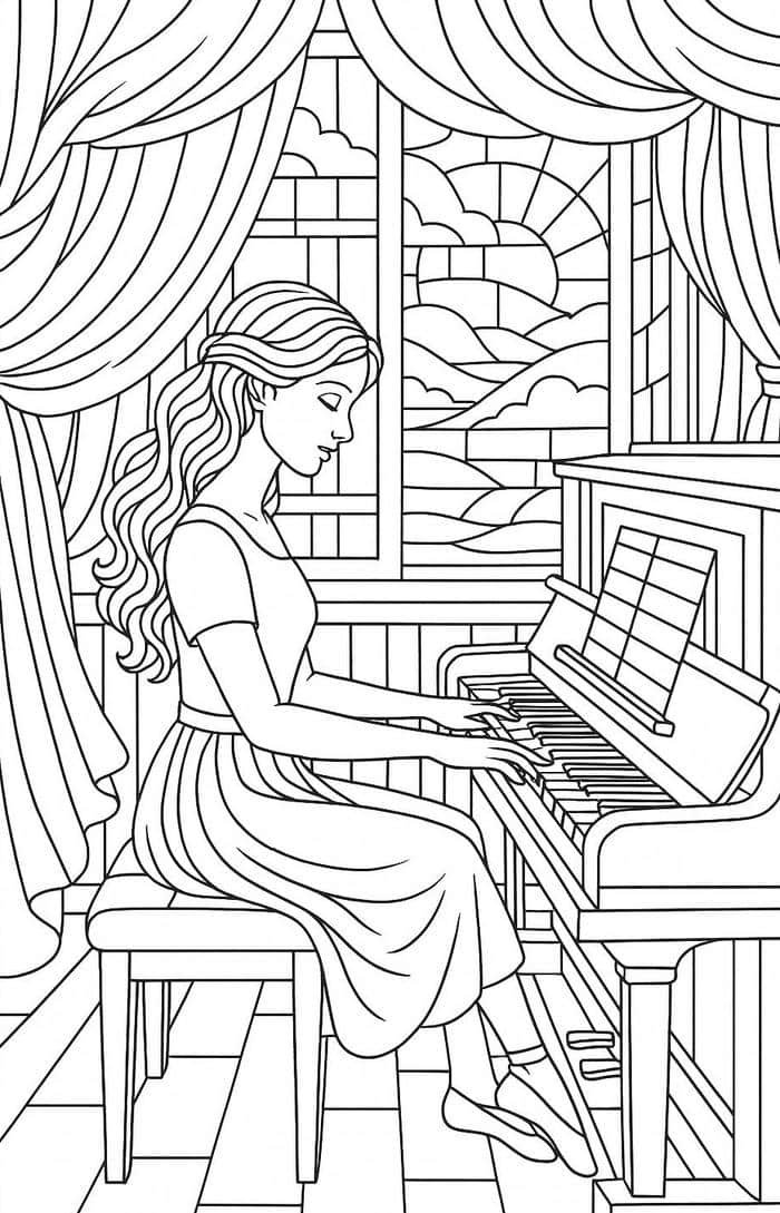 Tranh tô màu đàn piano cùng thiếu nữ