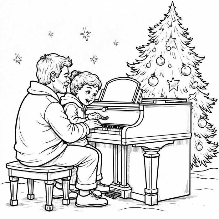 Tranh tô màu đàn piano khung cảnh ấm áp