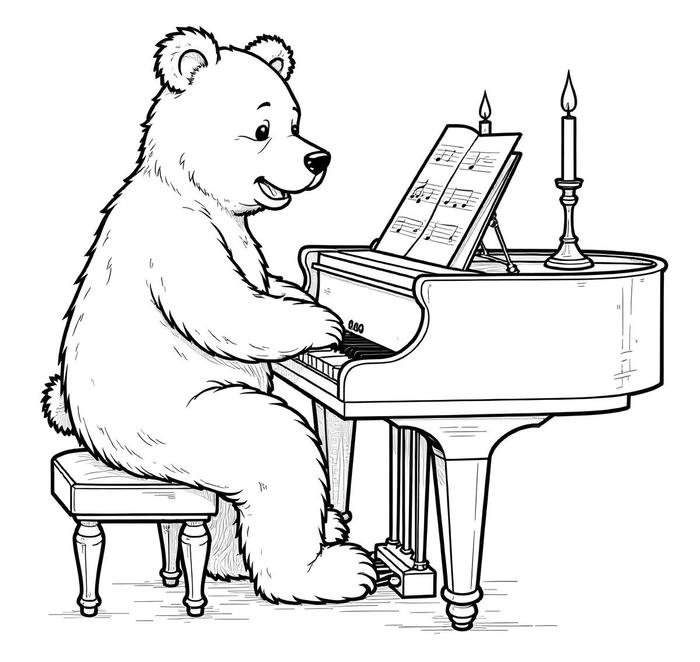 Tranh tô màu gấu nâu biểu diễn chơi piano.