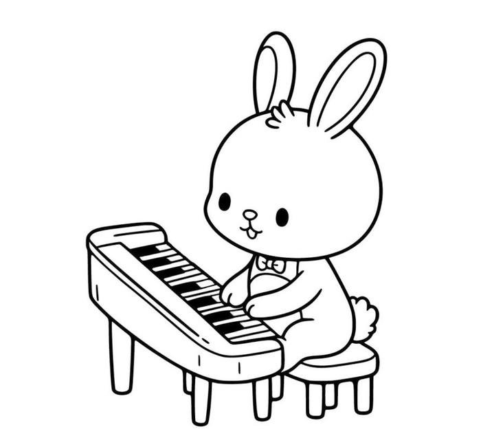 Tranh tô màu thỏ trắng tập chơi đàn piano.