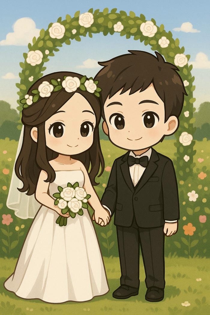 ảnh cô dâu chú rể chibi phong cách hoạt hình