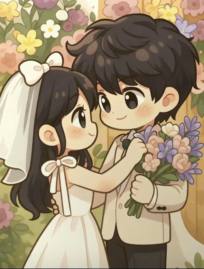 hình ảnh cô dâu chú rể chibi lãng mạn