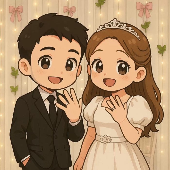 hình ảnh cô dâu chú rể chibi rạng rỡ