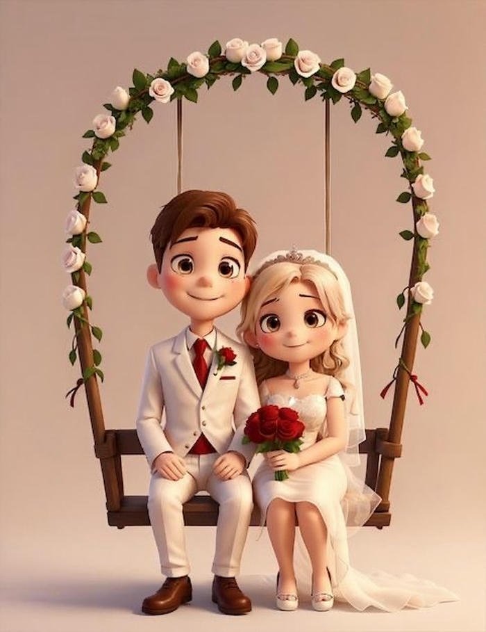 hình cô dâu chú rể chibi màu sắc tươi sáng