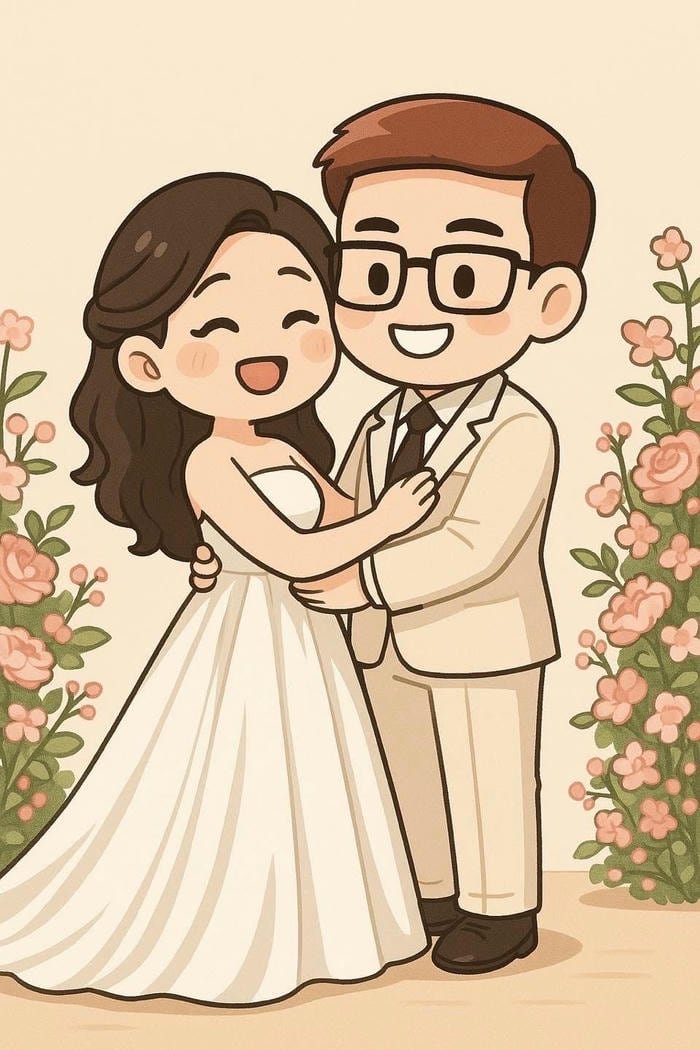 hình cô dâu chú rể chibi nghệ thuật cưới