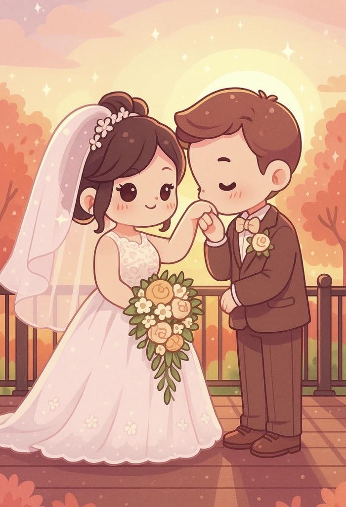 hình cô dâu chú rể chibi phong cách cute