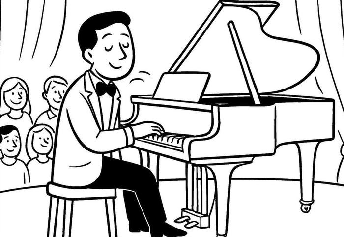 tranh tô màu đàn piano trên sân khấu