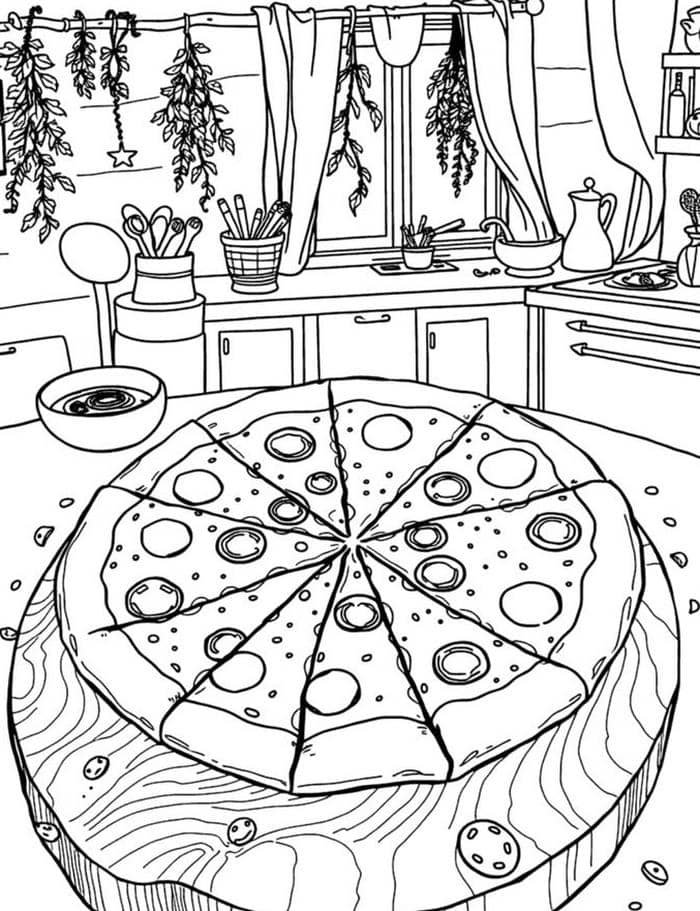 Ảnh bức ảnh tranh tô màu bánh pizza viền dày