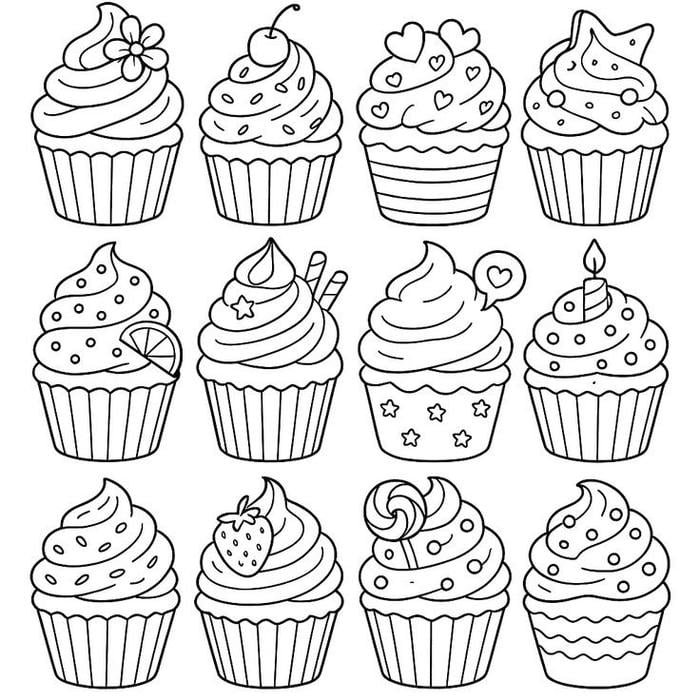 Ảnh tranh tô màu cupcake trang trí kẹo