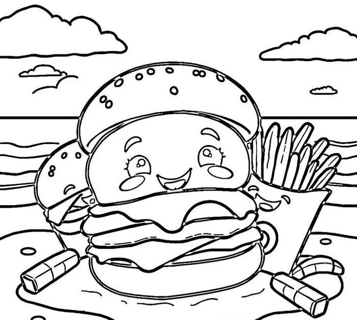 Bức ảnh tranh tô màu hamburger cười híp mắt