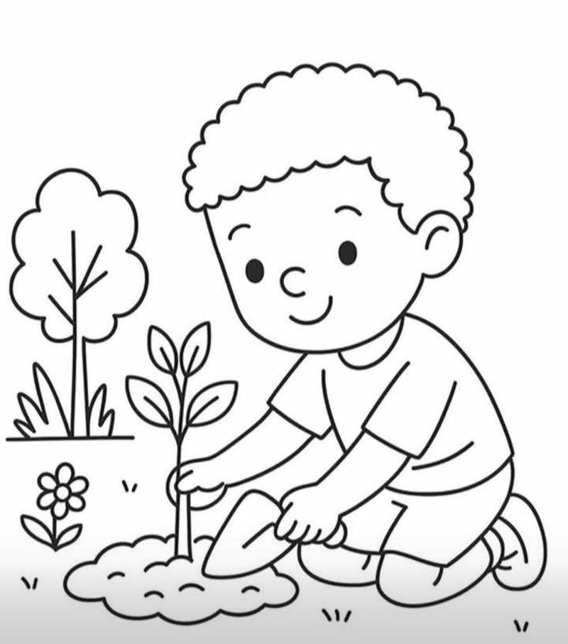 Bức tranh tô màu bé nông dân trồng cây