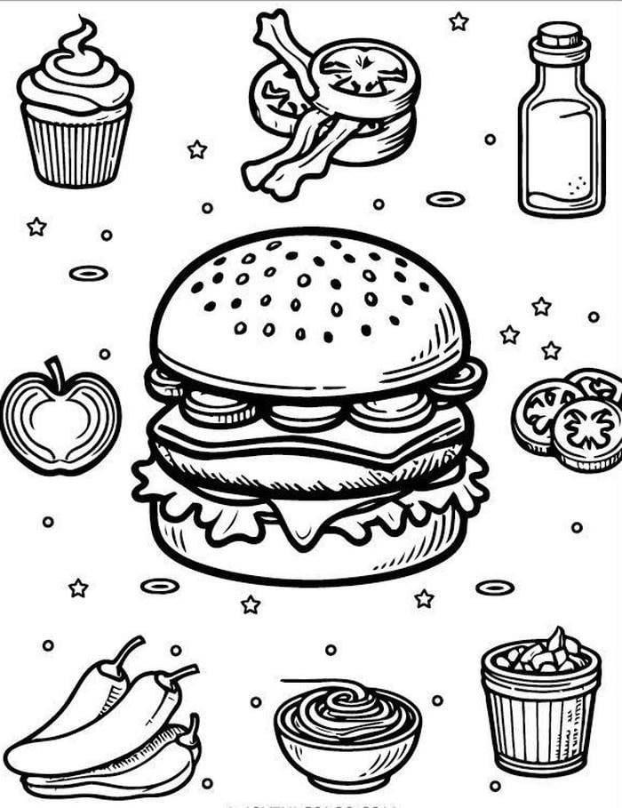 Hình ảnh tranh tô màu hamburger bánh mè