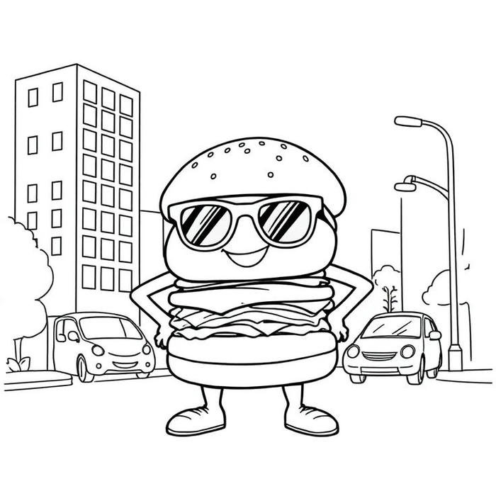 Hình ảnh tranh tô màu hamburger cười tinh nghịch