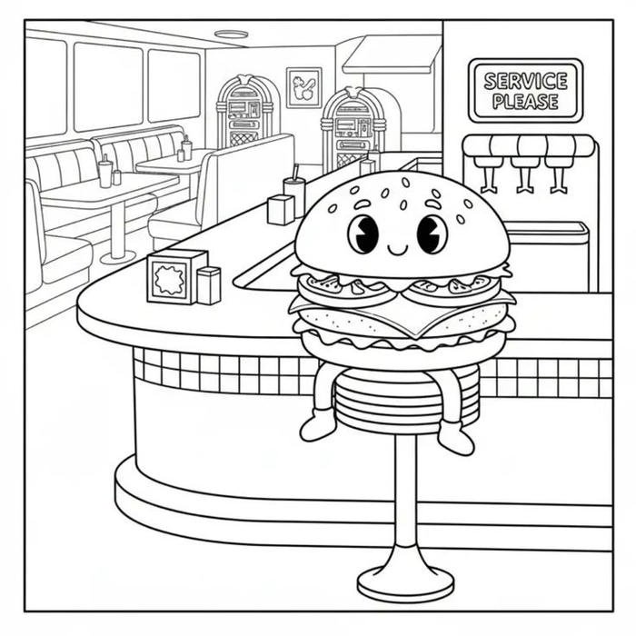 Hình ảnh tranh tô màu hamburger mặt ngộ nghĩnh