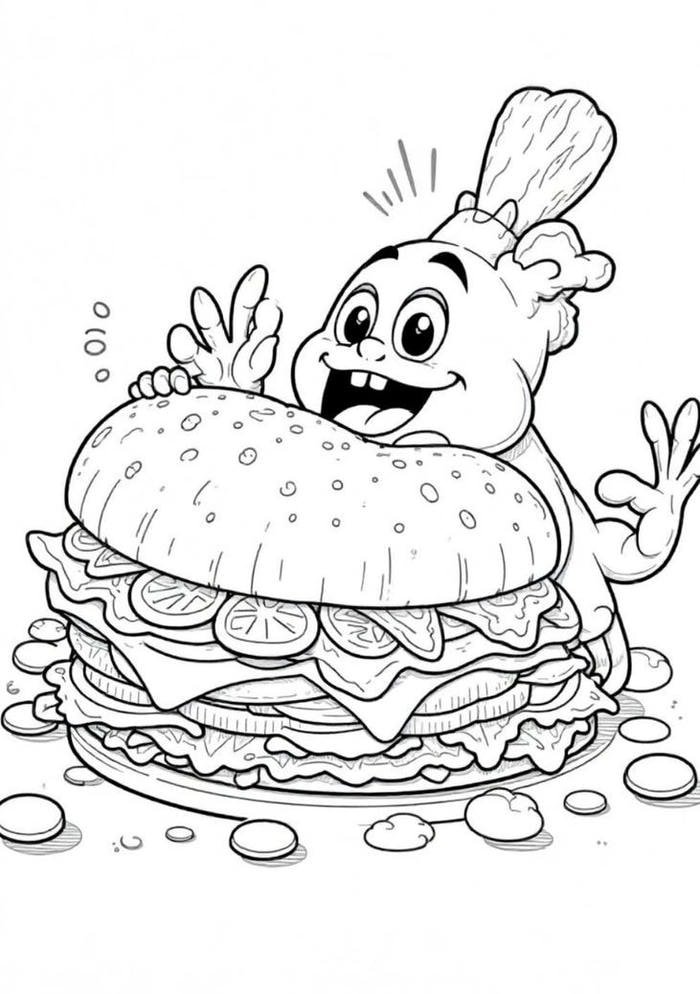 Hình ảnh tranh tô màu hamburger to tròn