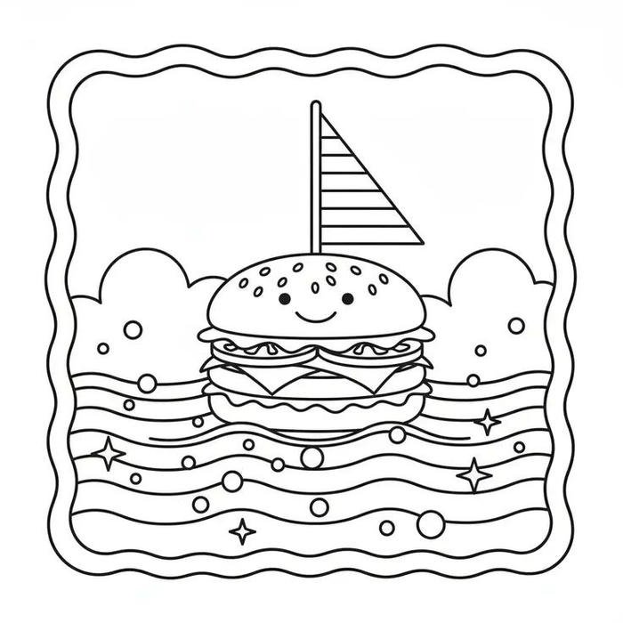 Hình ảnh tranh tô màu hamburger vui vẻ