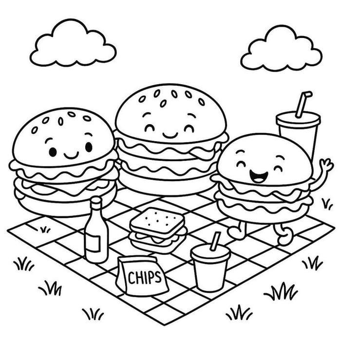 Hình tranh tô màu hamburger đáng yêu nhỏ xinh