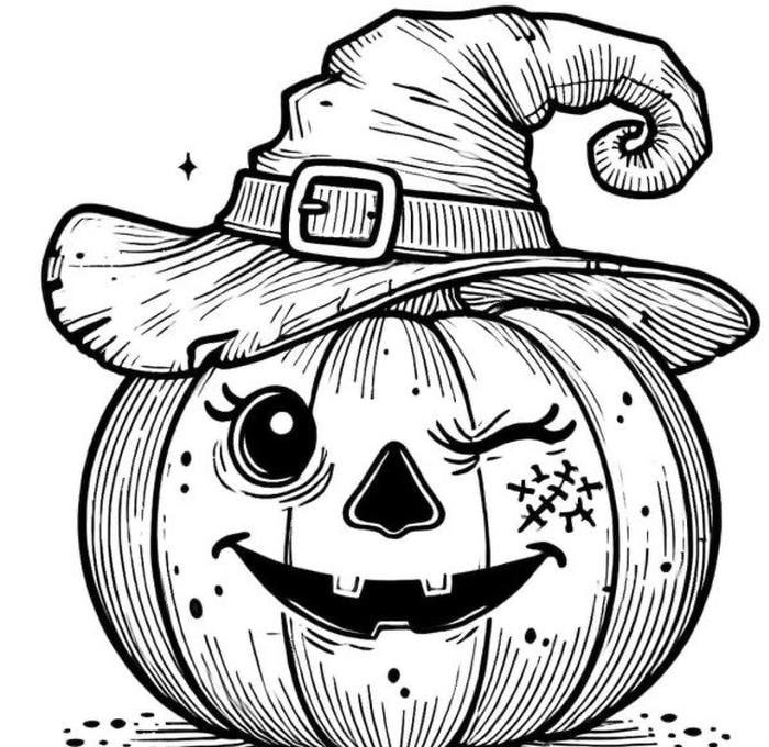 Hình tranh tô màu quả bí hallowen mắt cong dễ thương